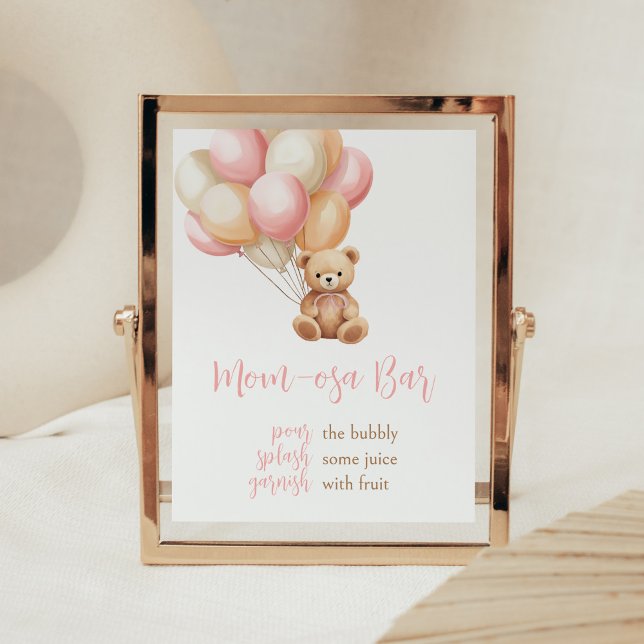 Póster Boho de globo rosa oso Baby Shower Mom Osa Bar (We Can Bearly Wait Girl Baby Shower Mom Osa Bar Sign)