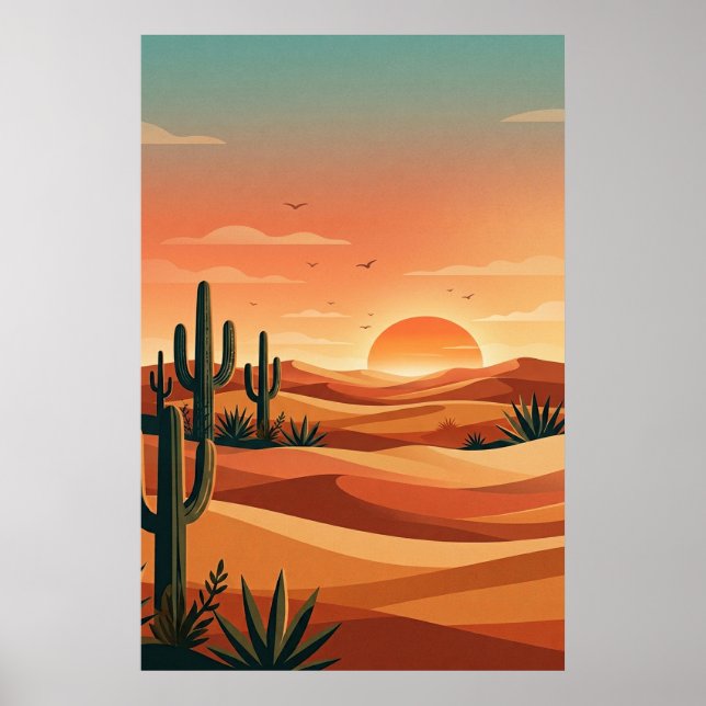 Póster Boho Desert Sunset Dunes with Cactus & Flying Bird (Frente)