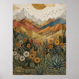 Póster Boho Desierto Montaña Cactus Pueblo Sol