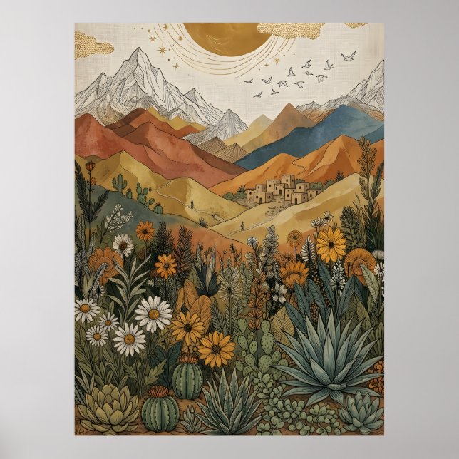 Póster Boho Desierto Montaña Cactus Pueblo Sol (Frente)