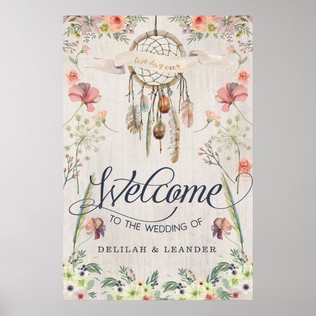 Póster Boho Dreamcatcher Bienvenidos al Boda del Rótulo (Frente)