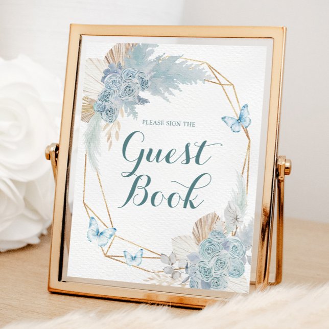 Póster Boho Dusty Blue Butterfly Birday Guest Book (Subido por el creador)