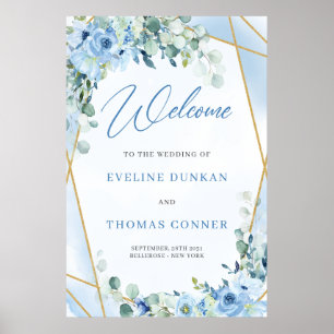 Póster Boho Dusty Blue Floral Boda del marco dorado Bienv