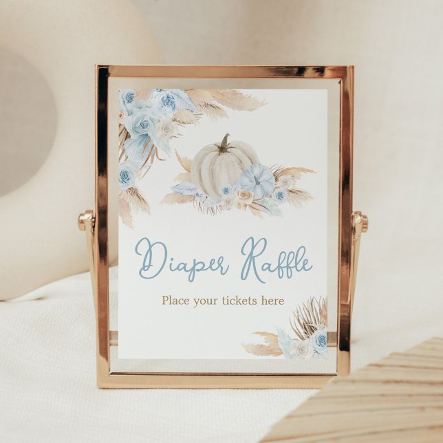 Póster Boho Dusty Blue Pumpkin Baby Shower Diaper Raffle (Boy Little Pumpkin Baby Shower Diaper Raffle Sign)