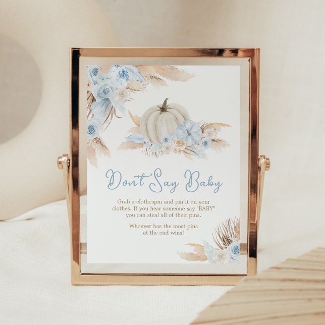 Póster Boho Dusty Blue Pumpkin Baby Shower no dice bebé (Boy Little Pumpkin Baby Shower Don't Say Baby Sign)
