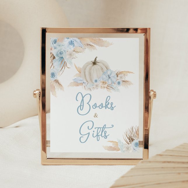 Póster Boho Dusty Blue Pumpkin libros y regalos (Boy Little Pumpkin Baby Shower Books and Gifts Sign)