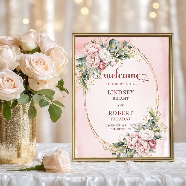 Póster Boho Dusty Pink Flowers Gold Glitter Welcome Sign (Romantic Blush Floral Greenery Gold Wedding Welcome)