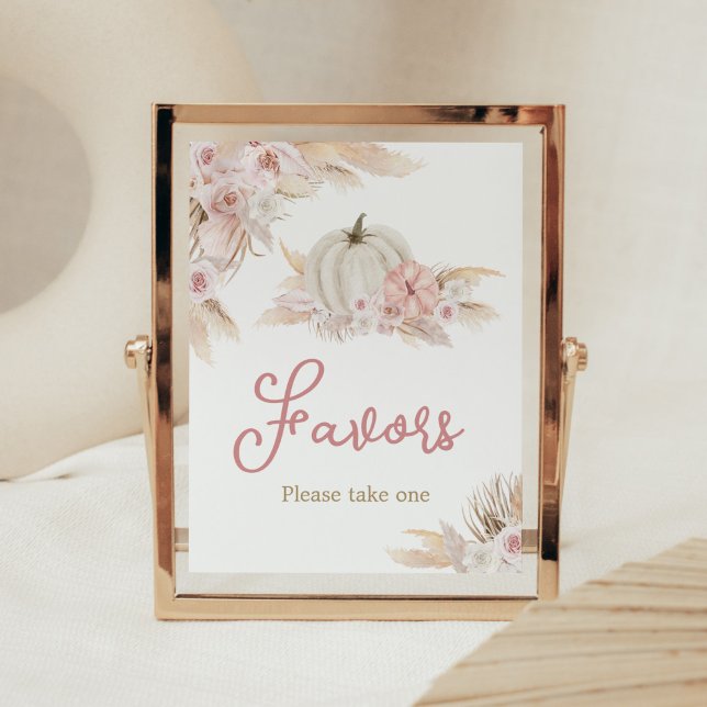 Póster Boho Dusty Rosa Calabaza Baby Shower favorece (Pink Floral Pumpkin Baby Shower Favors Sign)