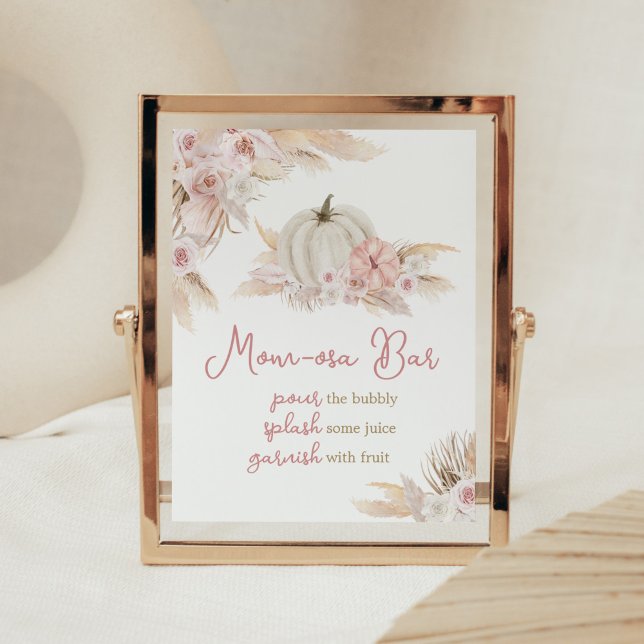 Póster Boho Dusty Rosa Calabaza Baby Shower Mom Osa Bar (Pink Floral Pumpkin Baby Shower Mom Osa Bar Sign)