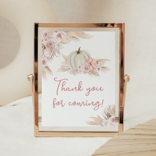 Póster Boho Dusty Rosa Calabaza Gracias por venir (Pink Floral Pumpkin Baby Shower Thank you for Coming Sign)
