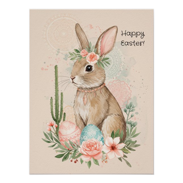Póster Boho Easter Bunny Imprimible Whimsical Pastel (Anverso)