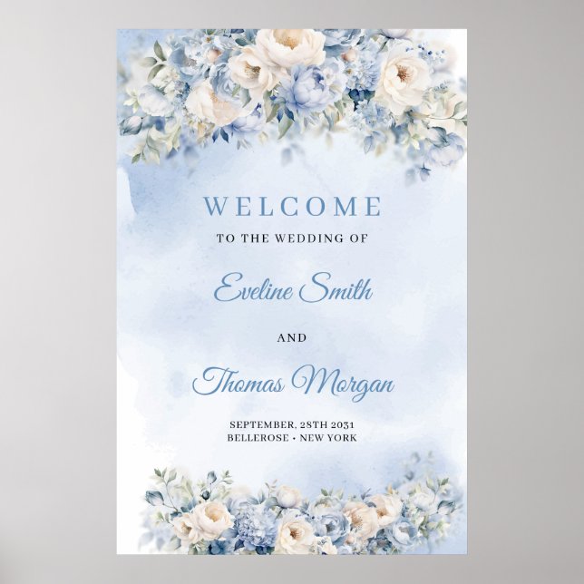 Póster Boho Elegante invierno polvoriento flores azules y (Frente)