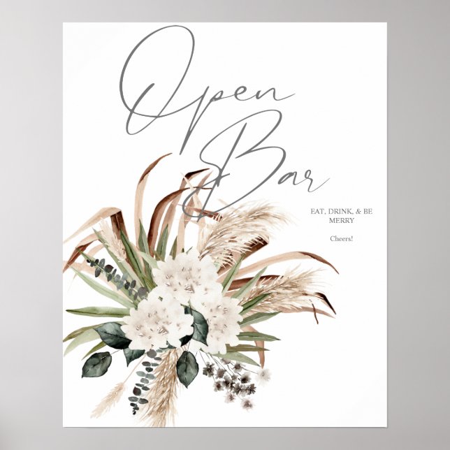 Póster Boho Eucalyptus Pampas y Floral Open Bar Rótulo 2 (Frente)