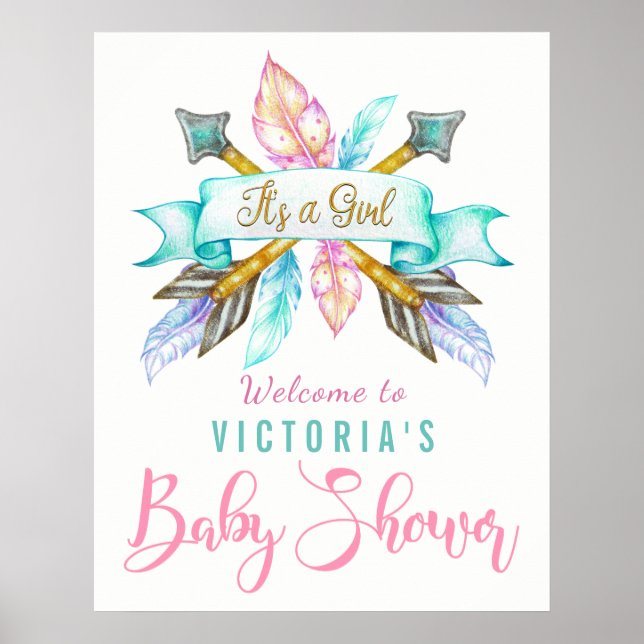 Póster Boho Feather Arrow Baby Shower Rótulo Poster (Frente)