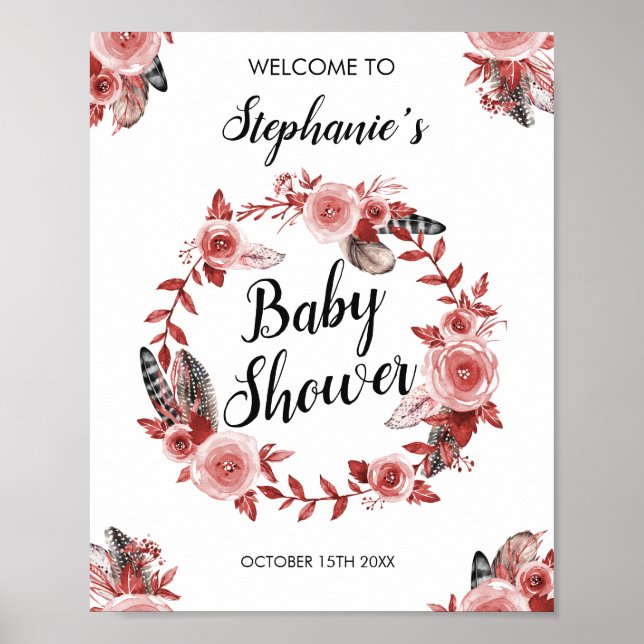 Póster Boho Feather Burgundy Rosa Wreath Baby Shower (Frente)