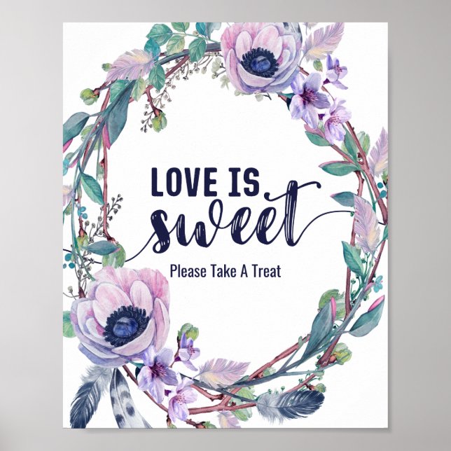 Póster Boho Feather & Floral Wreath Boda Love is Sweet (Frente)