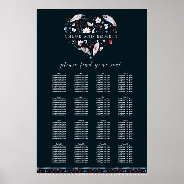 Póster Boho Floral and Feathers 16-Table Seating Chart (Frente)