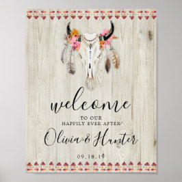 Póster Boho Floral Antlers Cow Skull Welcome Boda