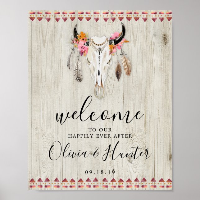 Póster Boho Floral Antlers Cow Skull Welcome Boda (Frente)