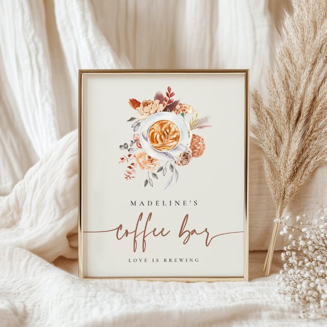 Póster Boho Floral Bridal Shower Coffee Bar Rótulo (Bridal shower coffee bar sign)