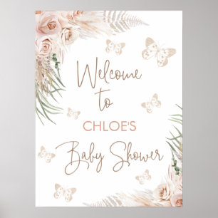 Póster Boho Floral Butterfly Kisses Baby Shower Welcome