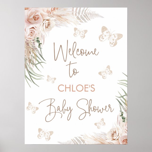 Póster Boho Floral Butterfly Kisses Baby Shower Welcome (Frente)