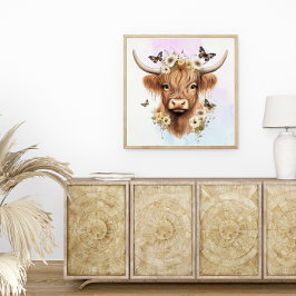 Póster Boho floral de vaca Highland con fondo pastelero
