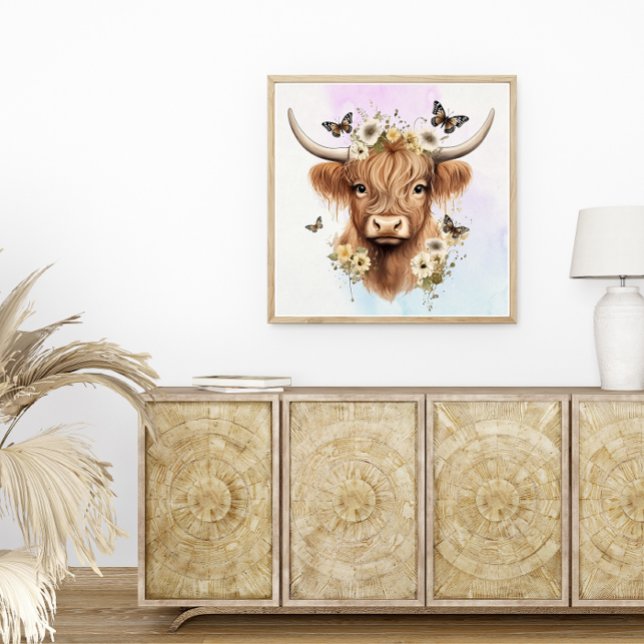 Póster Boho floral de vaca Highland con fondo pastelero (Subido por el creador)