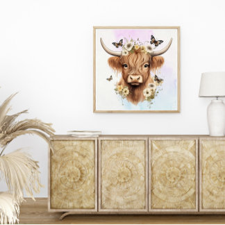 Póster Boho floral de vaca Highland con fondo pastelero