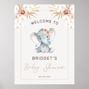 Póster Boho Floral Girls Elephant Baby Shower Welcome
