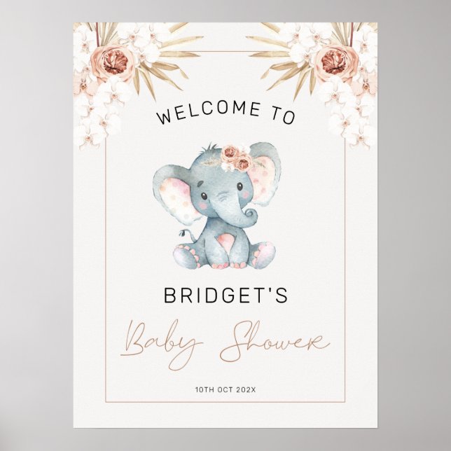 Póster Boho Floral Girls Elephant Baby Shower Welcome (Frente)
