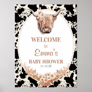 Póster Boho Floral Highland Cow Baby Shower Welcome Sign