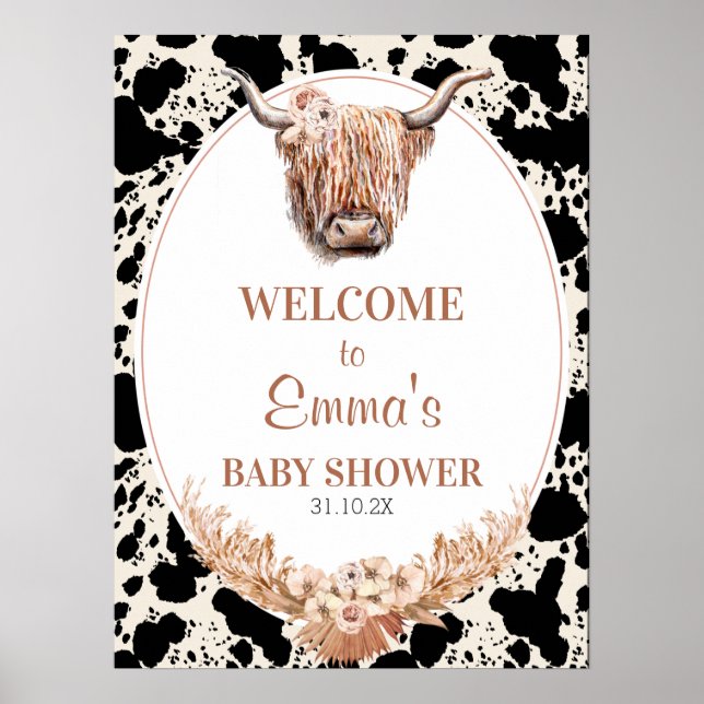 Póster Boho Floral Highland Cow Baby Shower Welcome Sign (Frente)
