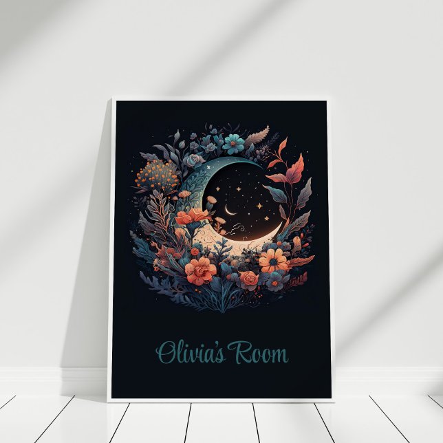 Póster Boho Floral Moon con Poster de nombre personalizad (Boho Floral Moon with Custom Name Poster in a white frame.)