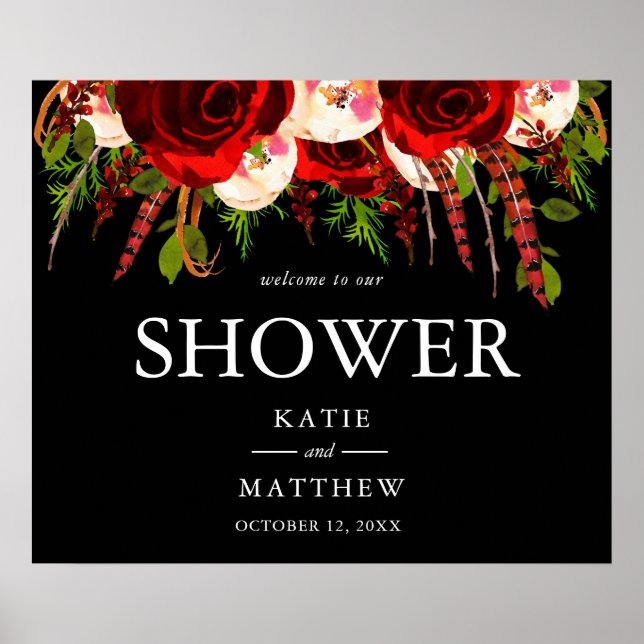 Póster Boho floral negro de Borgoña da la bienvenida a nu (Frente)