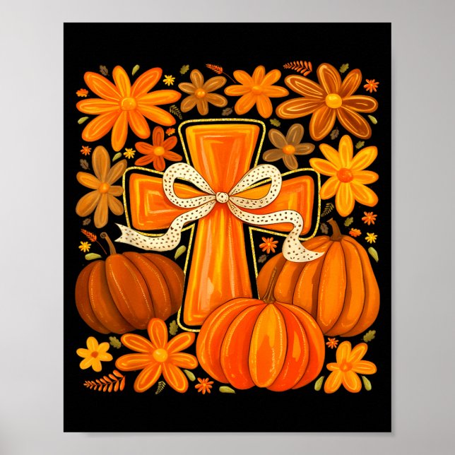 Póster Boho Floral Pumpkin Cross Fall Jesus Christian Fai (Frente)