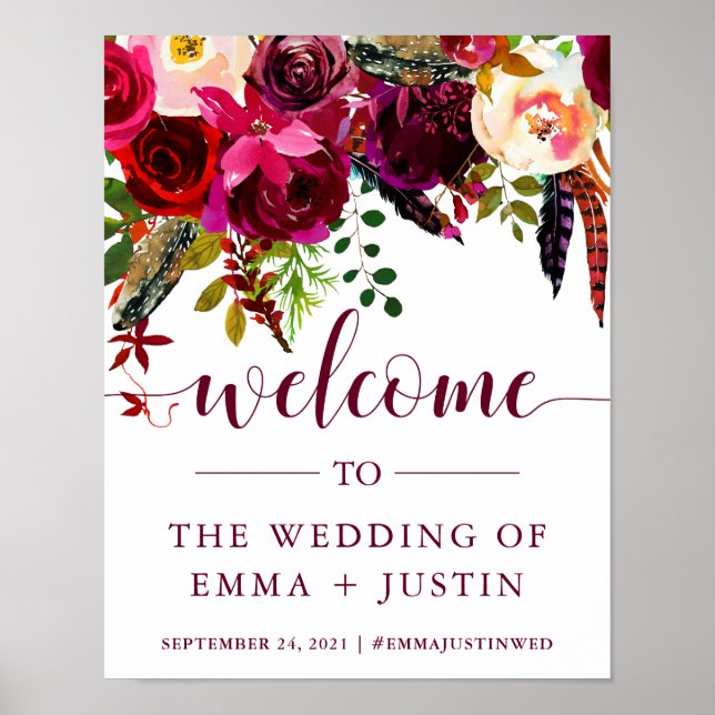 Póster Boho Floral | Signo de bienvenida de Boda (Frente)