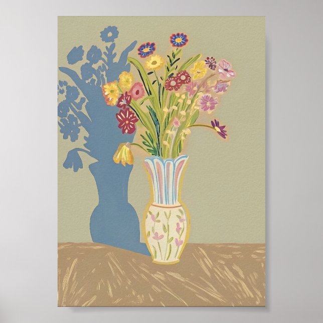 Póster Boho Floral Still Life with Blue Shadow Modern Fol (Frente)