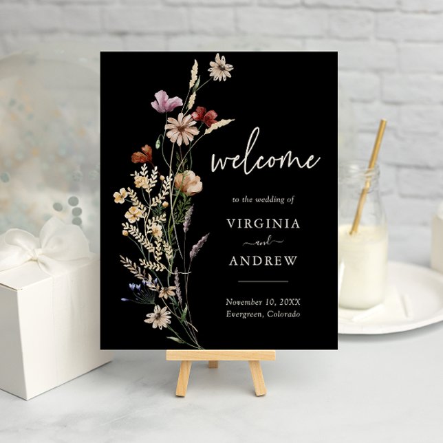 Póster Boho Floral Welcome Boda (Black Boho Watercolor Floral Welcome Wedding Poster by Painted Paperie
)