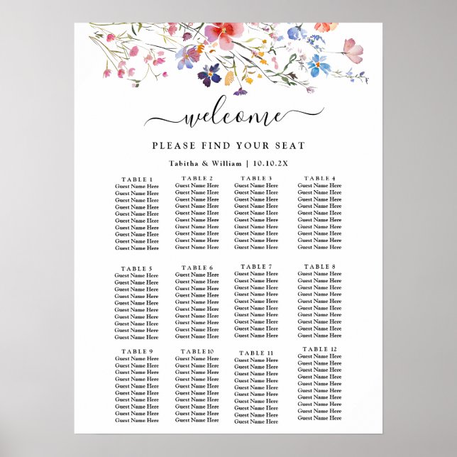 Póster Boho Floral wildflower wedding Seating Chart (Frente)