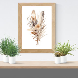 Póster Boho Florals Gray Beige Brown Feathers Botanicals