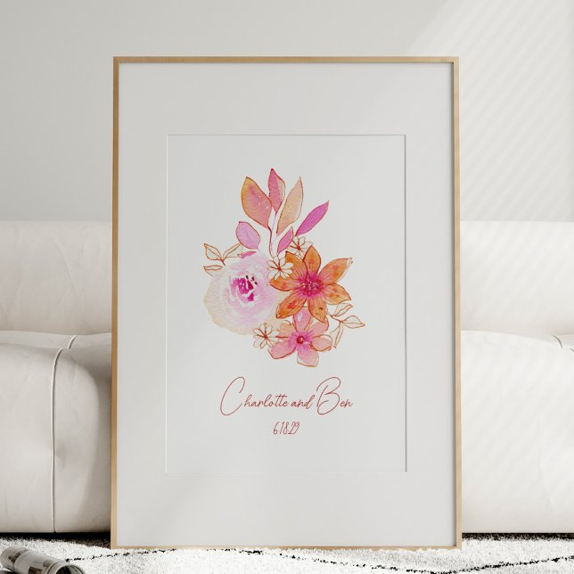 Póster Boho Flower Pink Watercolor Personalized Wedding (Subido por el creador)