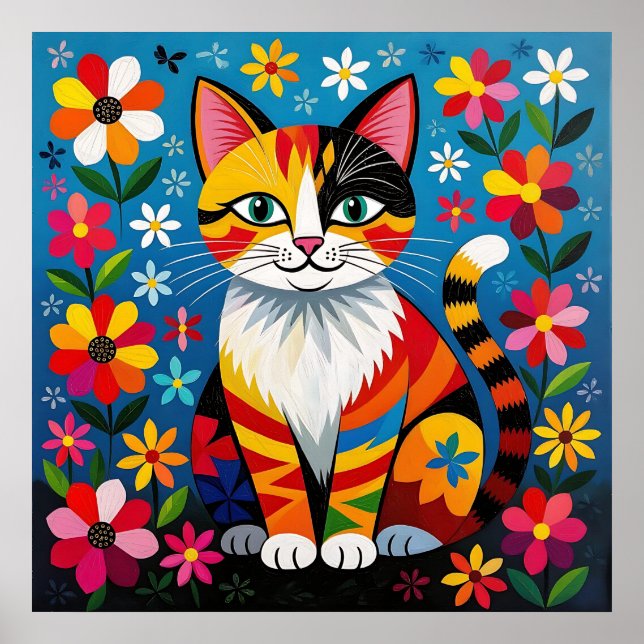 Póster Boho Folk Art Cat, Flowers & Butterfly   (Frente)