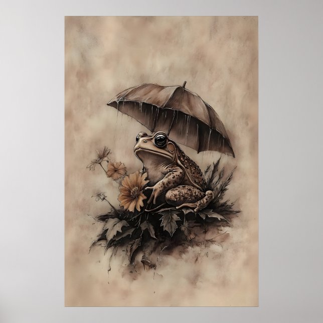 Póster Boho Frog Under Umbrella With Fall Flowers Print (Frente)