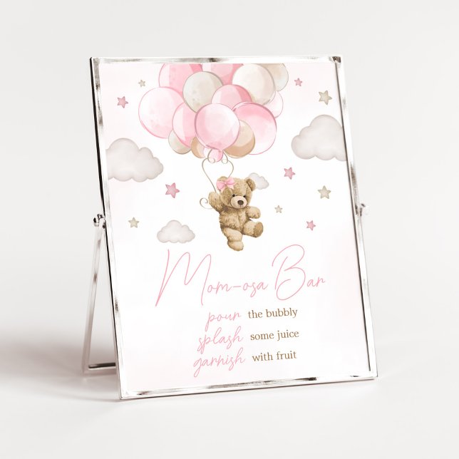 Póster Boho globo de oso rosa Baby Shower Mom Osa Bar (We Can Bearly Wait Pink Balloon Baby Shower Mom Osa Bar Sign)