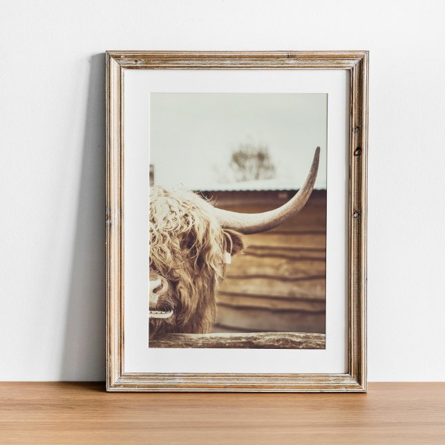 Póster Boho Highland Cow Wall Art (Boho Highland Cow Wall Art in wooden frame)
