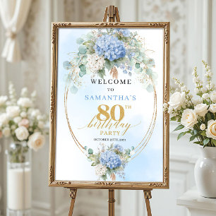 Póster Boho Hortensias Polvo Dorado Azul 80 cumpleaños bi
