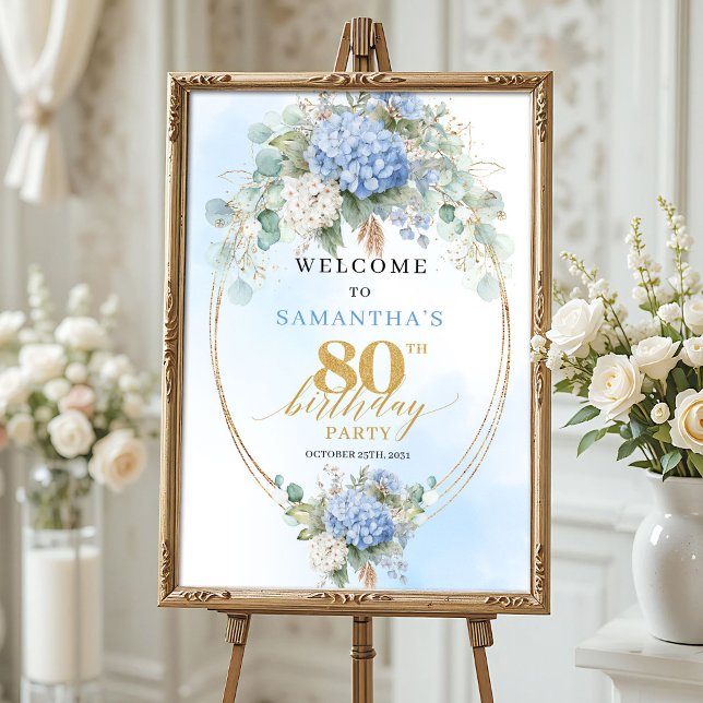 Póster Boho Hortensias Polvo Dorado Azul 80 cumpleaños bi (Boho Hydrangeas Gold Dusty Blue 80th birthday welcome)
