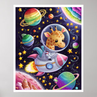 Póster Boho Illustration Girafe naviguant dans l'Espace