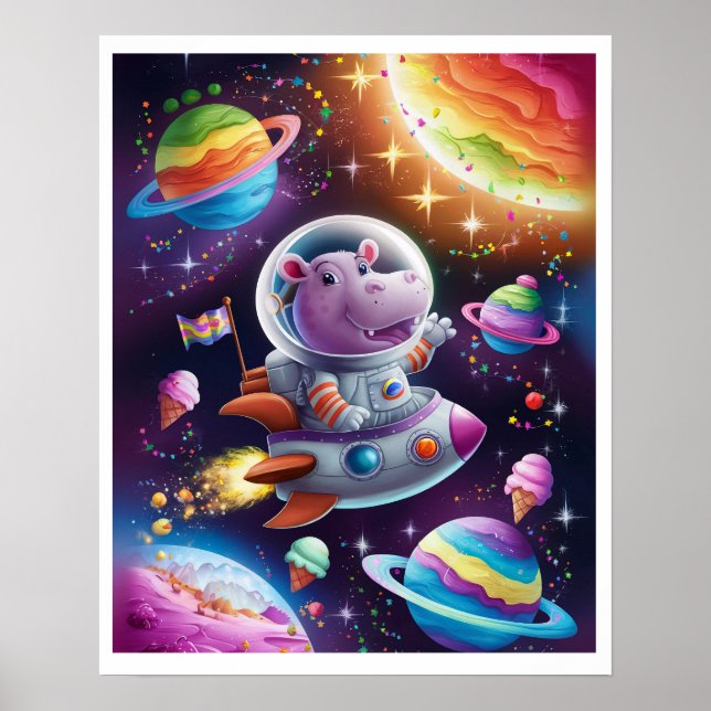 Póster Boho Illustration Hippopotame dans l'Espace (Frente)